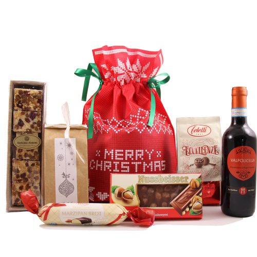 worek świąteczny z winem i słodyczami, upominek firmowy dla pracownika, zestaw świąteczny dla kontrahenta
