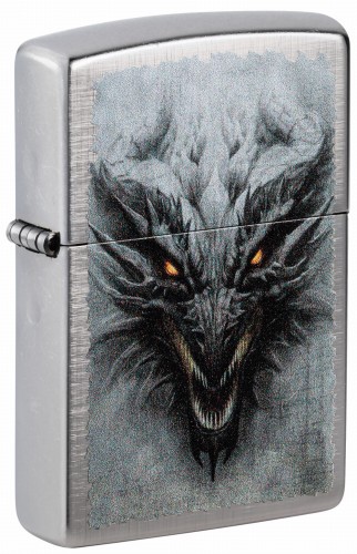 Zapalniczka Zippo w srebrnym kolorze z realistycznym zdjęciem głowy smoka o ostrych zębach