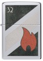 Model Zippo w klasycznym srebrze, ozdobiony graficznym logo z czerwonym płomieniem