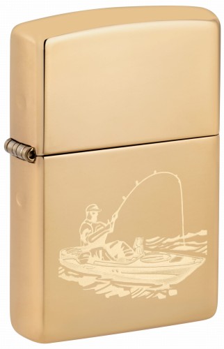 Zapalniczka Zippo w złotym wykończeniu z ilustracją białej łódki na wodzie.