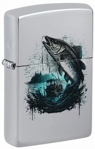 Srebrna zapalniczka Zippo z dynamiczną ilustracją skaczącej ryby z wody.