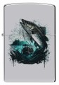 Model Zippo w srebrnym wykończeniu z motywem ryby wyskakującej z fal.