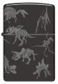 Czarna Zippo z paleontologiczną ilustracją szczątków dinozaura.