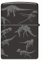 Model Zippo w czarnym kolorze z konturowym szkieletem dinozaura.