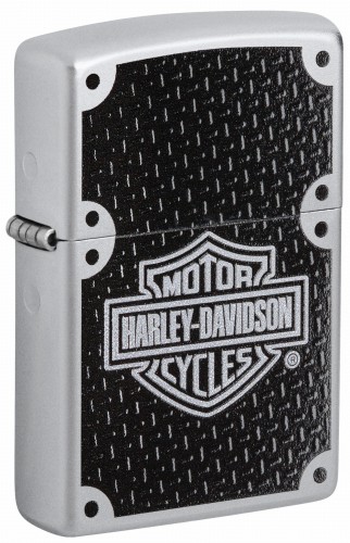 Srebrno-czarna zapalniczka Zippo z wyrazistym logo Harley Davidson.