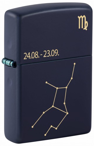 Ciemnogranatowa zapalniczka Zippo z delikatną ilustracją znaku zodiaku Panny.
