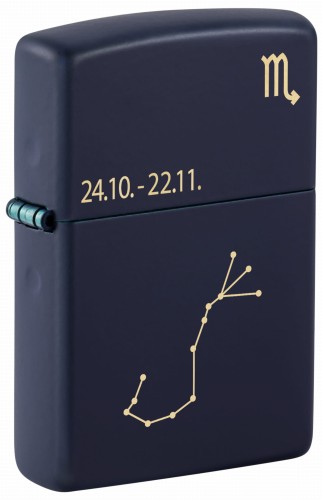 Ciemnogranatowa zapalniczka Zippo z wyrazistym symbolem zodiaku Skorpiona.