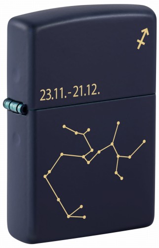 Ciemnogranatowa zapalniczka Zippo z wyrazistym symbolem zodiaku Strzelca.