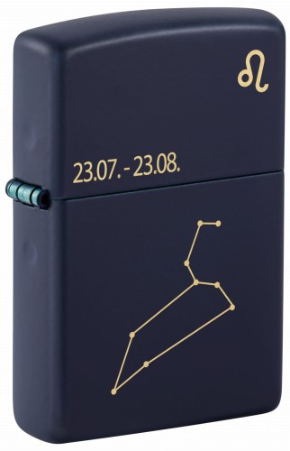 Ciemnogranatowa zapalniczka Zippo z wyrazistym symbolem zodiaku Lwa.