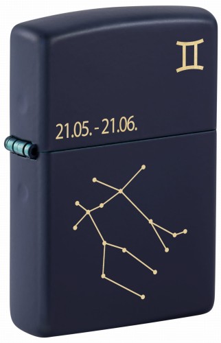 Ciemnogranatowa zapalniczka Zippo z wyrazistym symbolem zodiaku Bliźniąt.