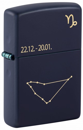 Ciemnogranatowa zapalniczka Zippo z wyrazistym symbolem zodiaku Koziorożca.