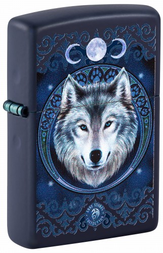 Model Zippo z niebieskim tłem i wizerunkiem wilka.