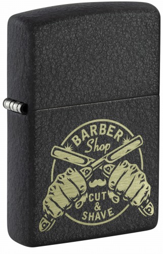 Zapalniczka Zippo w czarnym macie z ilustracją gilotyny do twarzy i napisem "Barber Shop".