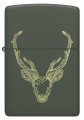 Stylowa Zippo w mechowej zieleni z wyraźnym motywem jelenia na froncie.