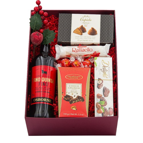 czerwony zestaw świąteczny z sherry Fino Quinta Osborne ze słodyczami