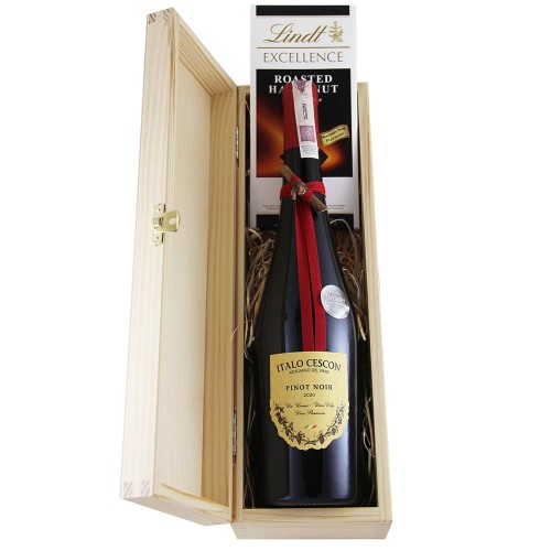 zestaw upominkowy premium wino w eko skrzynce czekolada lindt