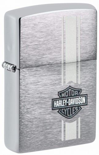 Srebrna, wytarta zapalniczka Zippo z subtelnym małym logo Harley-Davidson na froncie.