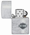 Vintage’owa srebrna Zippo z wytartą powierzchnią i małym, eleganckim logo Harley-Davidson.