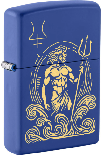 Zapalniczka Zippo w odcieniu głębokiego błękitu z eleganckim, srebrnym wizerunkiem boga Neptuna.